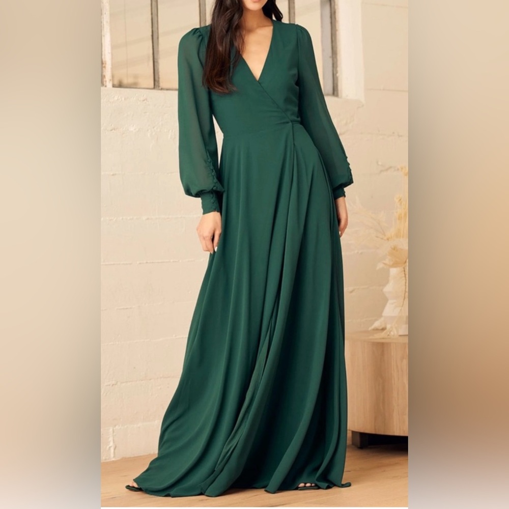 Lulus “My Whole Heart” Emerald Green Long Sleeve Wrap Dress - Size 1X runs small